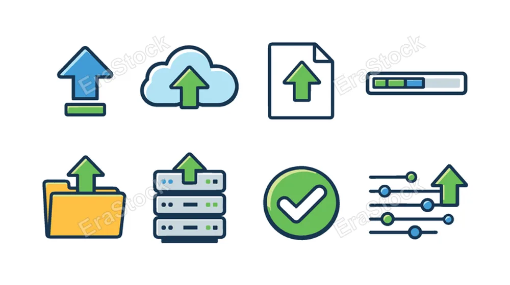 File upload process: upload arrow, cloud with arrow up, file document, progress bar, folder with arrow, server stack, checkmark confirmation, data transfer lines.