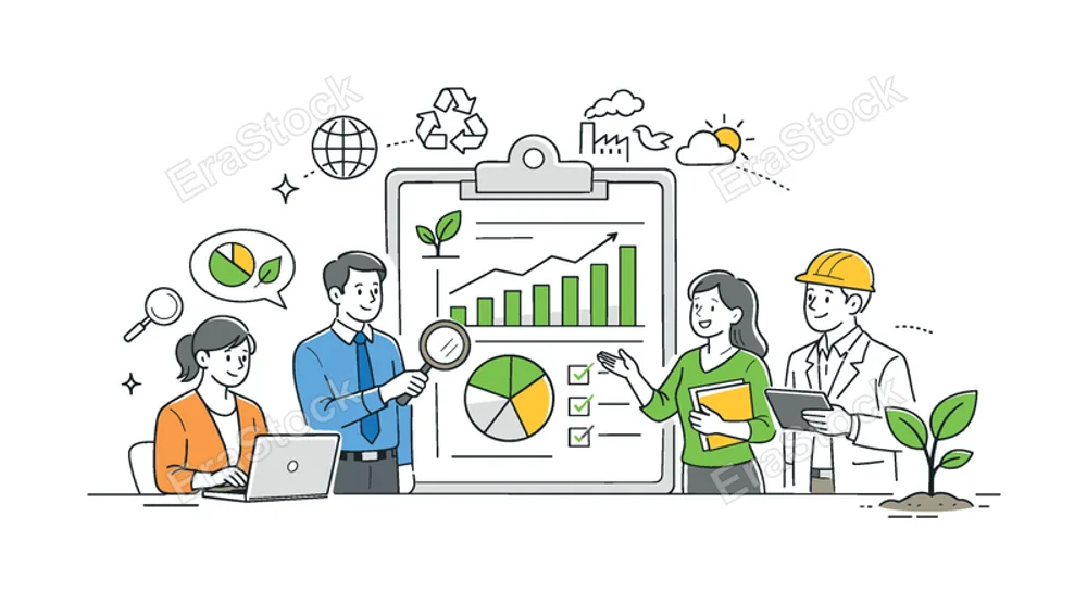 Environmental impact assessment and reporting in a corporate or public sector setting, depicted by a clipboard with a graph and a simple plant as the main elements,