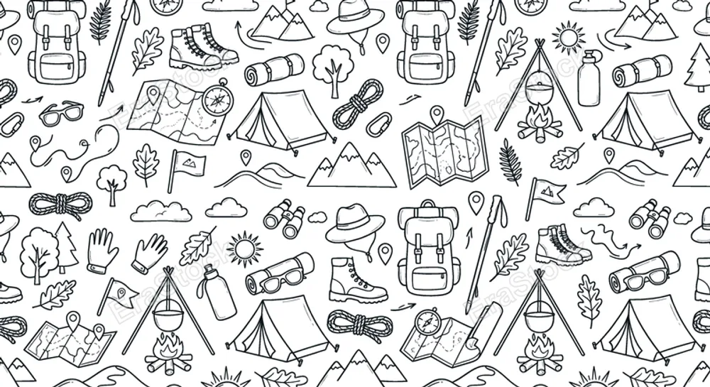 Outdoor teamwork and hiking journey concept focused on collaboration, planning, and shared outdoor experiences in nature exploration activities. Objects of backpack, hiking stick,