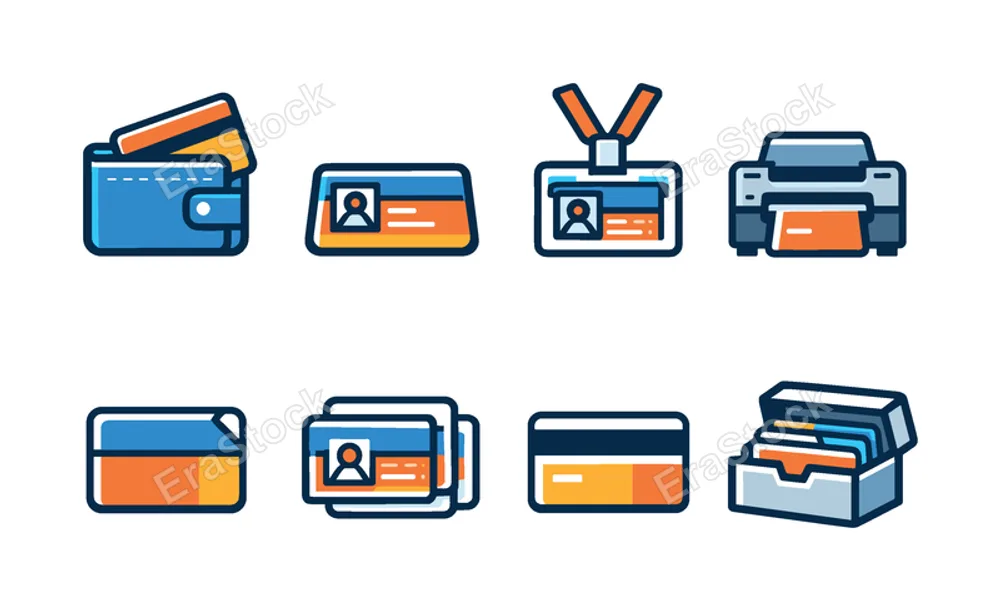 Networking stationery icons: card sliding from wallet, card on desk surface, lanyard ID card, card printing machine, die cut corner card, layered transparent cards, magnetic stripe