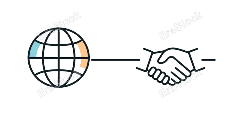 International business collaboration and remote teamwork across borders, a globe icon paired with a minimal handshake symbol connected by a thin line representing
