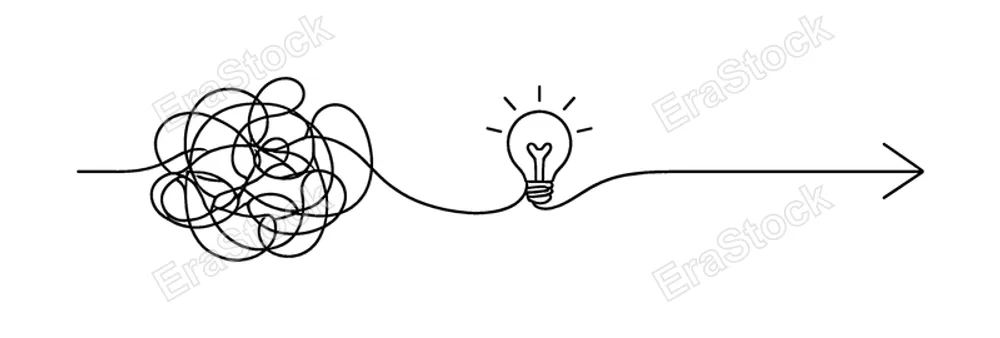 Turning confusion into clear actionable direction in a complex decision making workflow, a continuous line forming a tangled path that smoothly resolves into a straight
