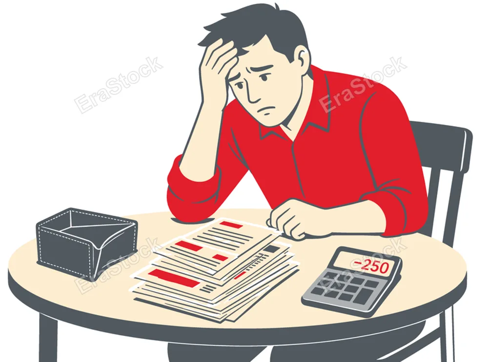 A man sits at a table with papers and a calculator showing a negative balance, looking distressed and holding his head
