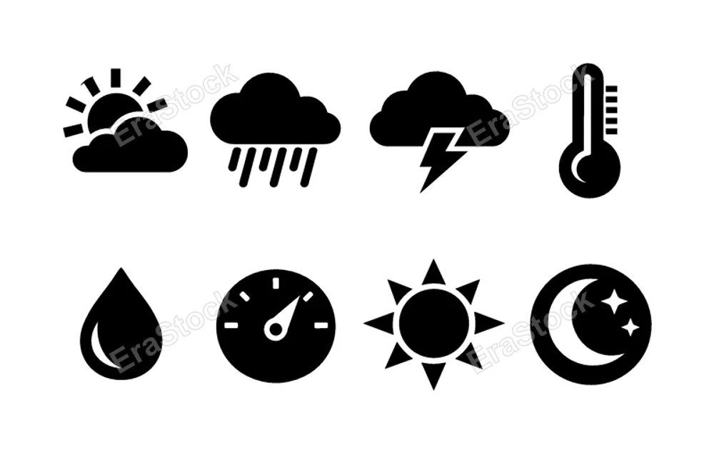 Weather forecast symbols: partly cloudy sun, heavy rain, thunderstorm cloud, temperature thermometer, humidity drop, barometer gauge, UV index sun, night moon with stars.