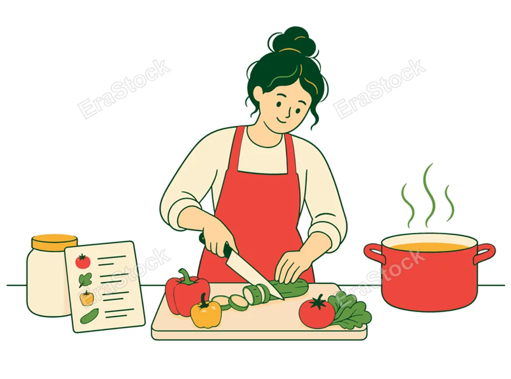 A woman is chopping vegetables on a cutting board while a pot of soup simmers on the stove