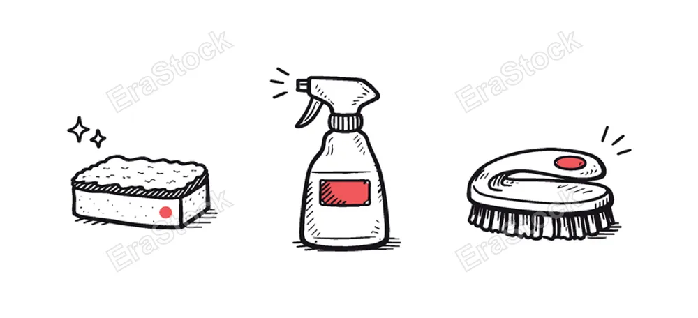 Simple home cleaning essentials theme a horizontal row of 3 related hand-drawn objects on a white background: a small sponge with a tiny pink dot detail, a simple spray