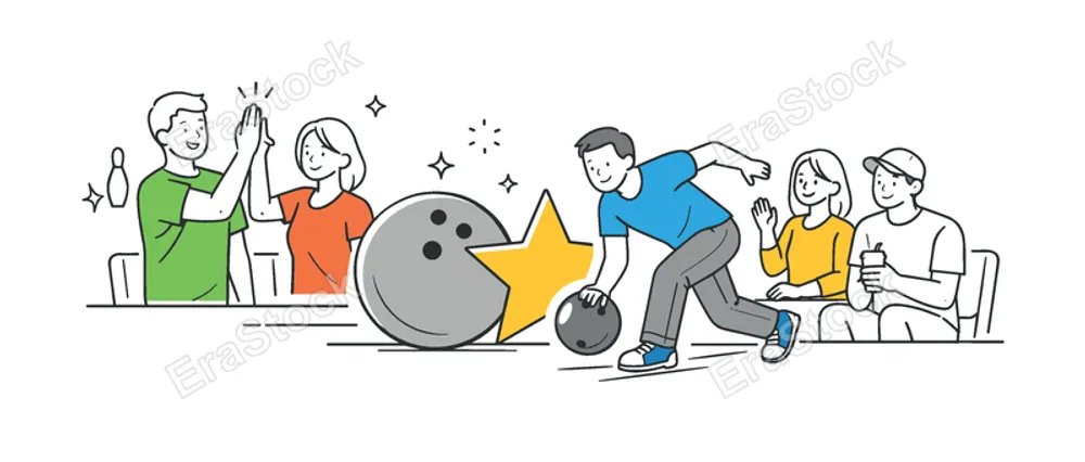A leisure lifestyle concept where individuals unwind through a bowling activity in a relaxed environment, visualized by a small group near a simple bowling ball and star