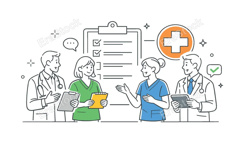 A hospital teamwork environment where doctors and nurses discuss treatment plans and share responsibilities, illustrated by a small group interacting near a simple