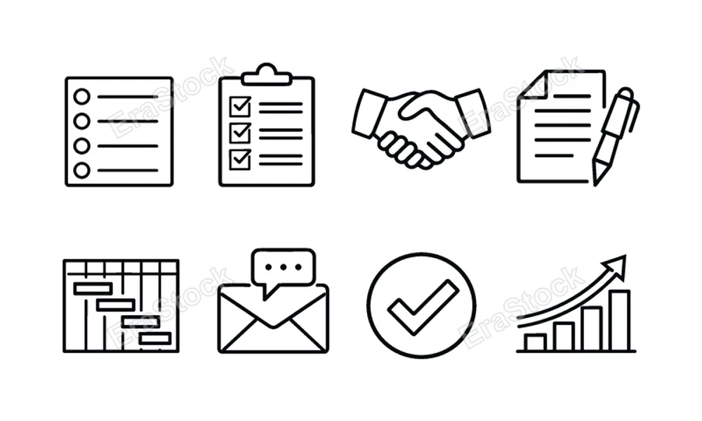 Sales pipeline process: lead list, qualification checklist, handshake, proposal document, timeline chart, follow up message, deal closing checkmark, growth graph.