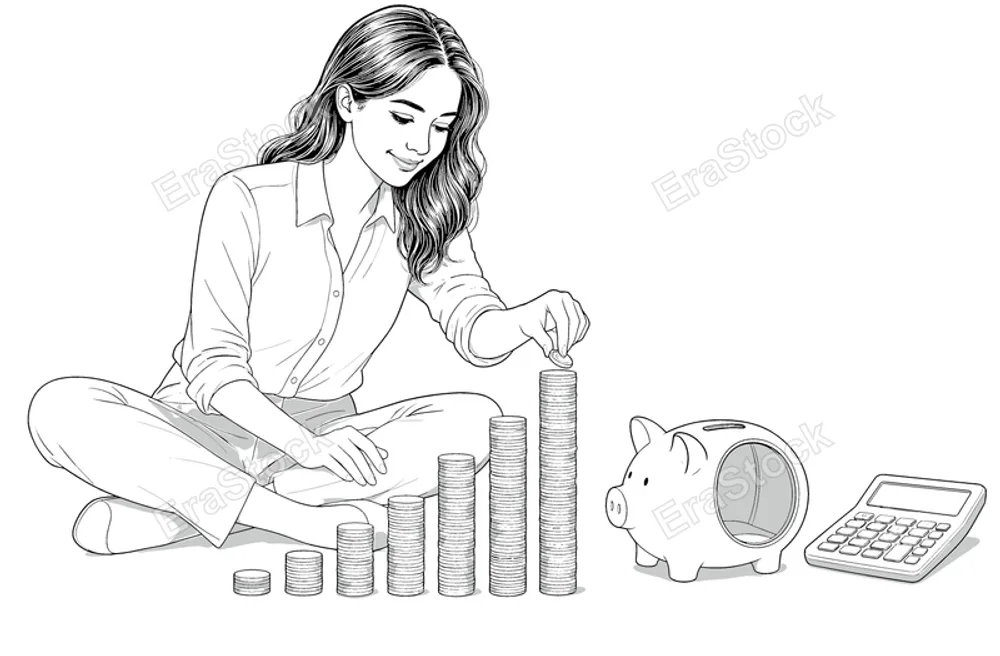A woman sits cross-legged, meticulously stacking coins to form a growing financial graph, symbolizing savings and investment strategies