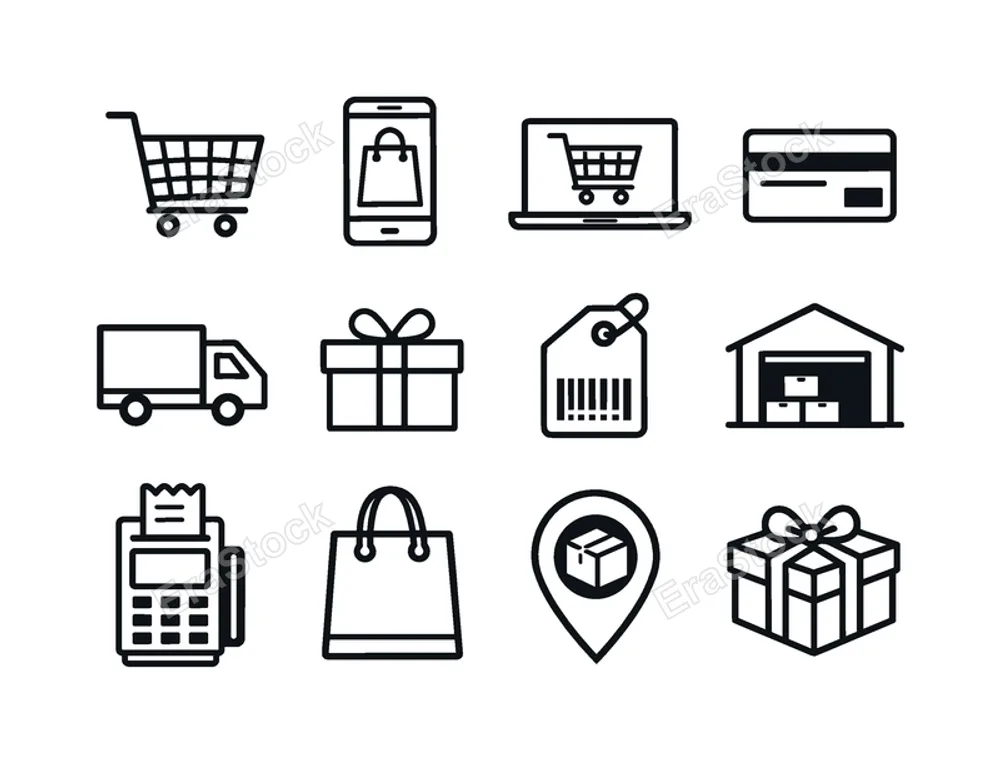 Online shopping e-commerce: shopping cart, smartphone with shopping bag, laptop with shopping cart, credit card, package box, delivery truck, shopping bag, barcode tag, parcel with