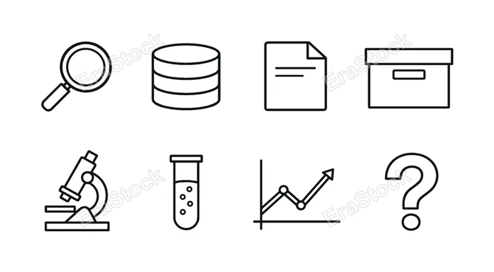 Information and research: search magnifier, database cylinder, document file, archive box, microscope, test tube, analytics chart, question mark.