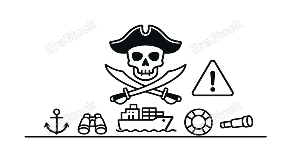 Maritime threat warning representing piracy risks and security concerns for ships transporting cargo across international sea routes, a skull icon, a pirate hat silhouette, a small