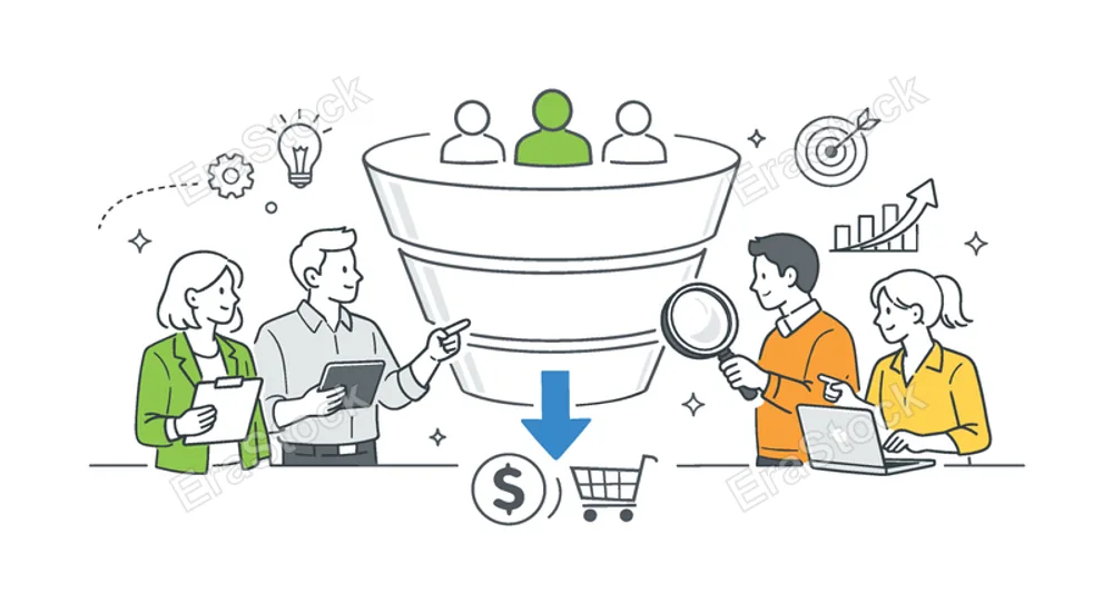 A business marketing scenario where professionals analyze and optimize a sales funnel to convert potential customers into buyers, shown through a small group interacting
