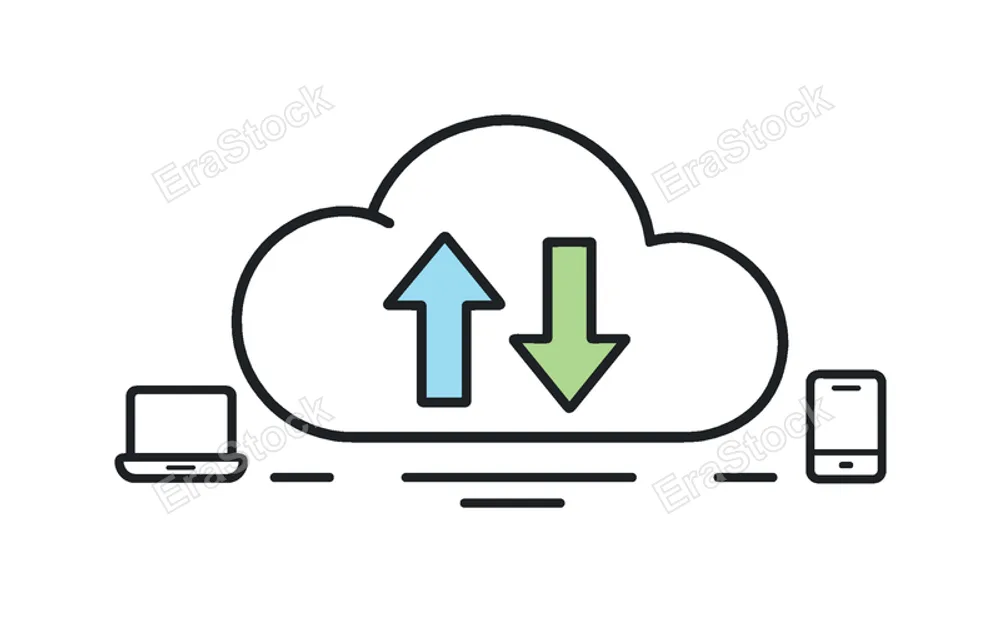 Online data storage and remote access in business and personal use, a cloud icon paired with an upward and downward arrow representing upload and download processes,