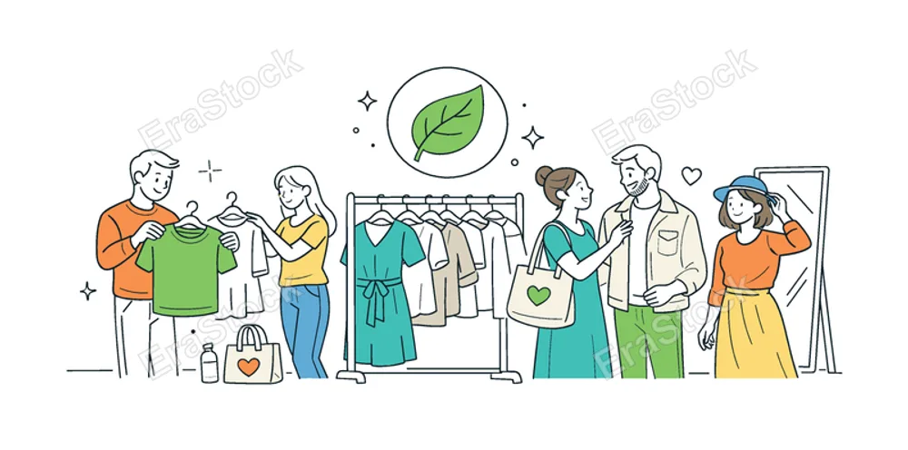 Sustainable fashion lifestyle scene showing a small group of people choosing and wearing eco-friendly clothing in a conscious shopping environment, with a clothing rack