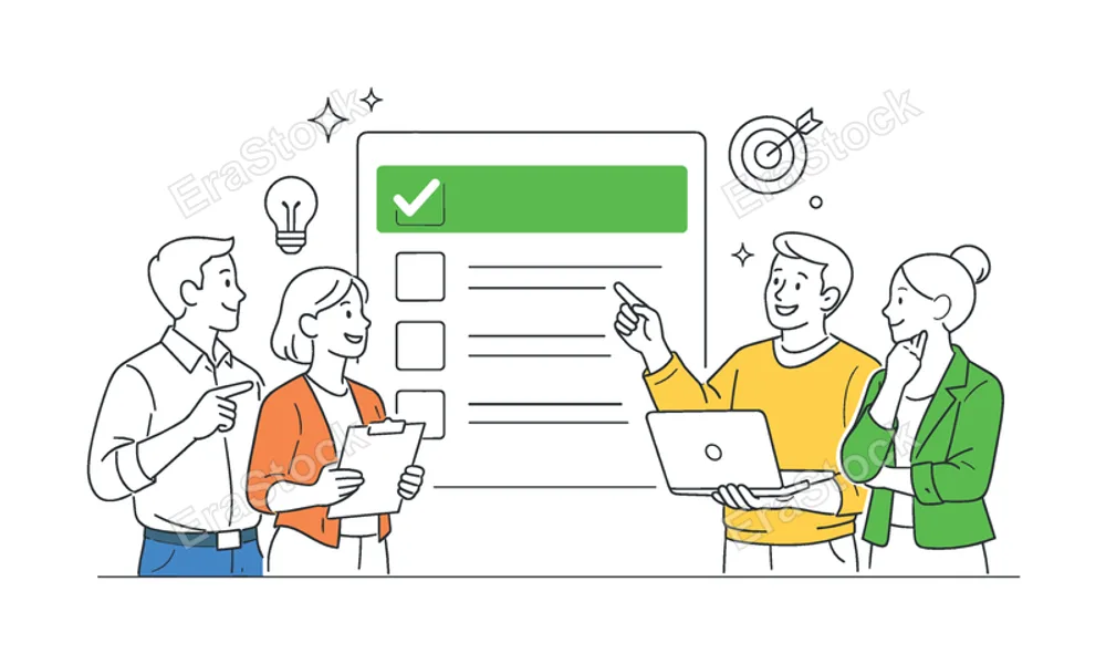 A simple clarity of priority scenario where professionals quickly identify the most important task among several options in a workflow, using a visual metaphor of a clean