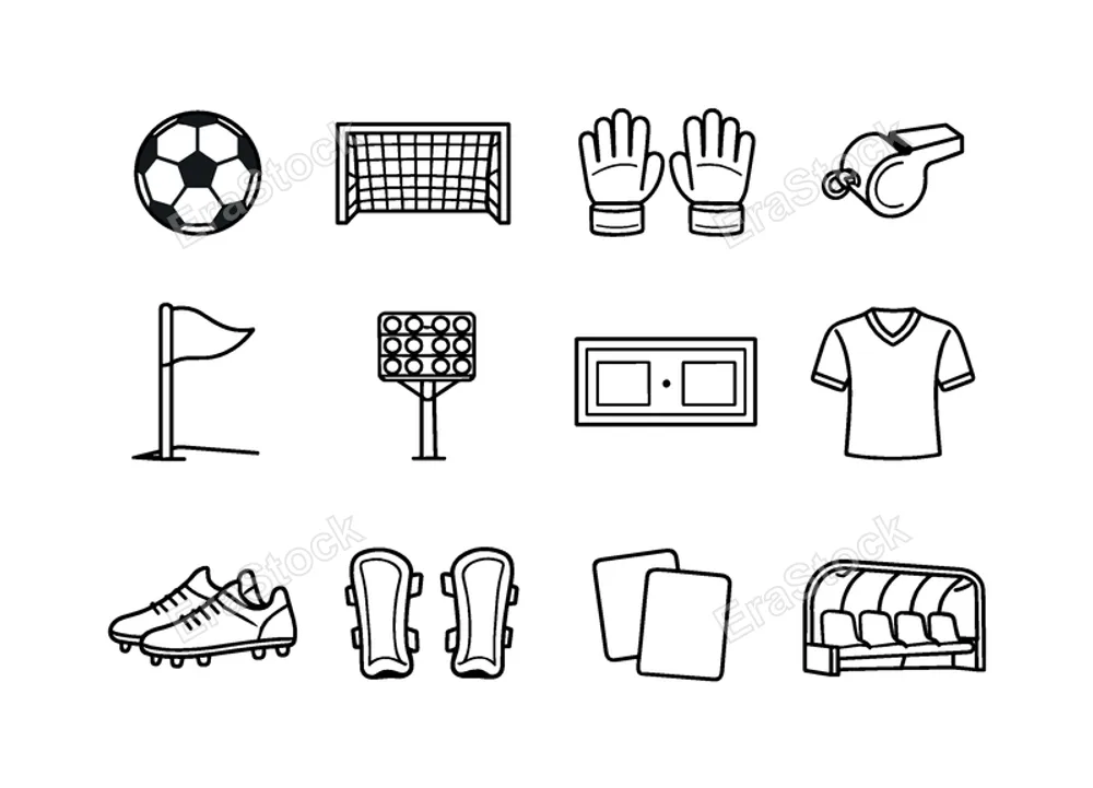 Soccer football game elements: soccer ball, goal post, goalkeeper gloves, referee whistle, corner flag, stadium floodlight, scoreboard, soccer jersey, soccer cleats, shin guards