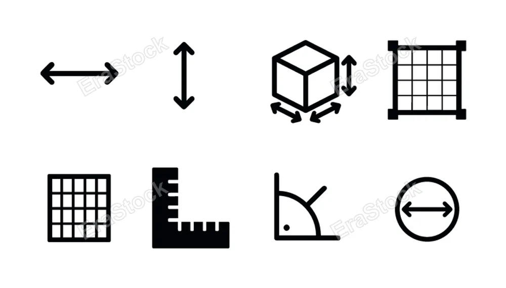 Dimension and sizing: width arrows, height arrows, depth cube, resize frame, grid measurement, dimension lines, angle indicator, precision mark.