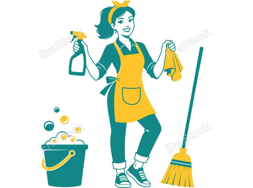 A cheerful woman with a bandana and apron stands with a spray bottle, cloth, broom, and bucket of suds, symbolizing household chores and tidiness