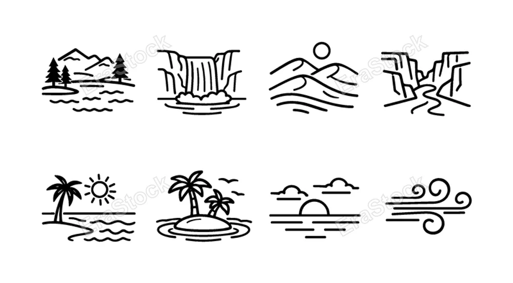 Outdoor scenery: lake, waterfall, desert dunes, canyon, beach, island, sky horizon, wind lines.