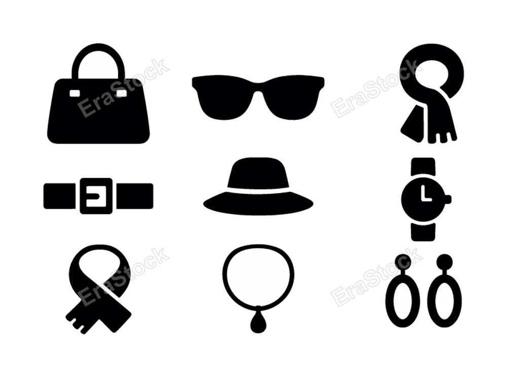 Fashion accessories set: handbag, sunglasses, hat, belt, scarf, watch, necklace, earrings.