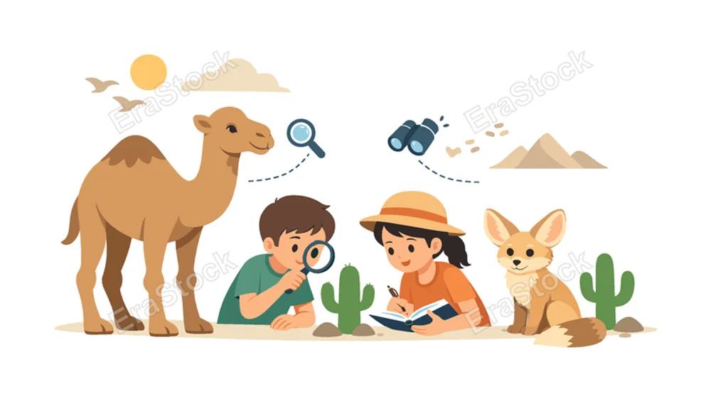 A wildlife nature learning scene inspired by educational chalkboard drawings used to teach children about desert ecosystems, represented with chalk style illustrations of a camel
