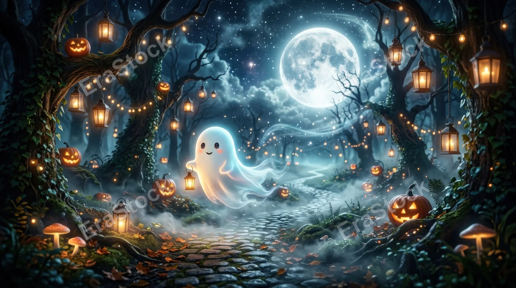 A surreal Halloween night with a cute ghost drifting through a dreamlike scene, glowing lanterns, moonlit fog, enchanting spooky atmosphere, ultra-realistic, no logos.