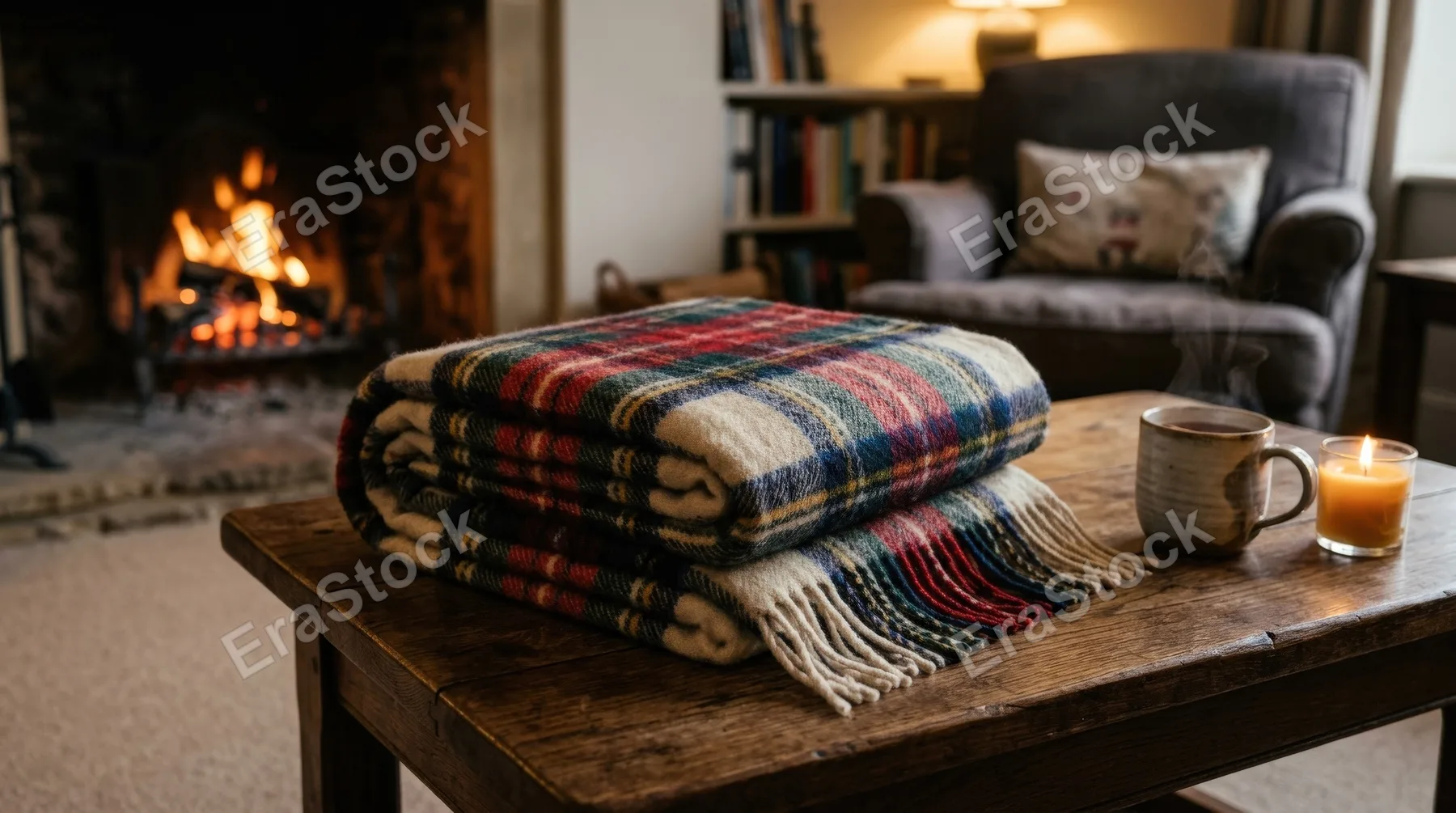 A cozy plaid blanket folded neatly, soft woven texture, inviting warmth and calm home-comfort atmosphere for chilly evenings, ultra-realistic, no logos.