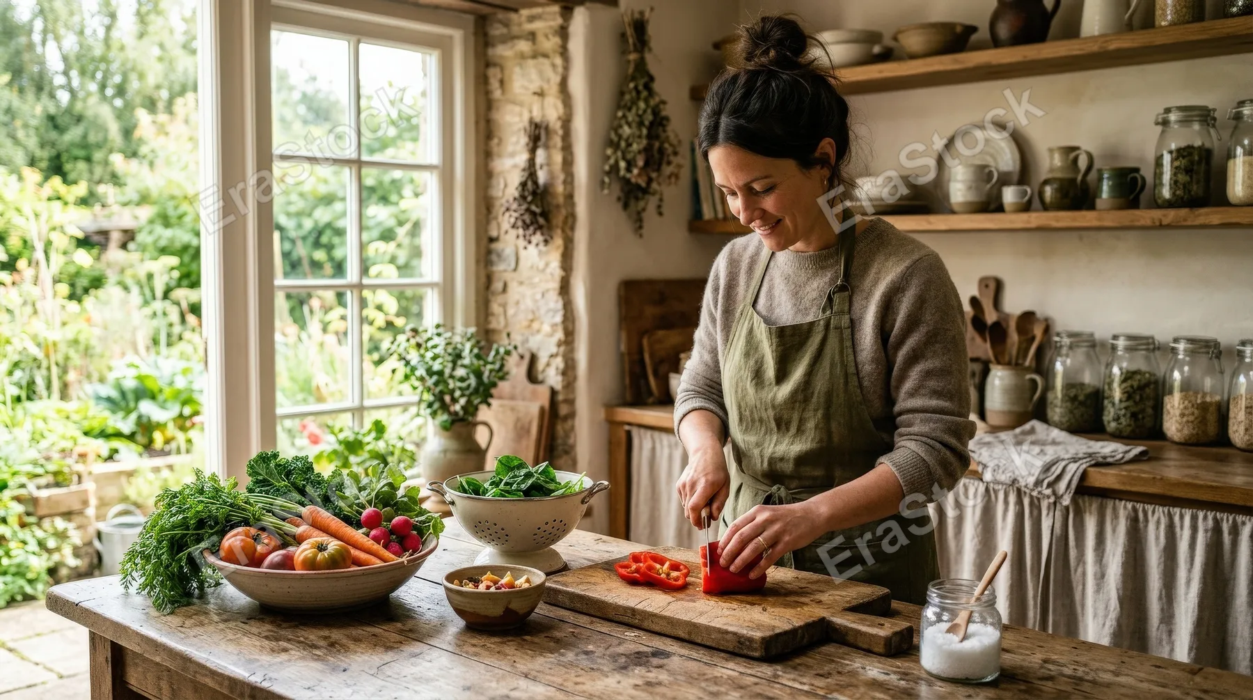 A woman preparing fresh vegetables on a rustic wooden table at home, warm natural light, slow living details, earthy textures, mindful daily ritual, ultra-realistic, no logos.