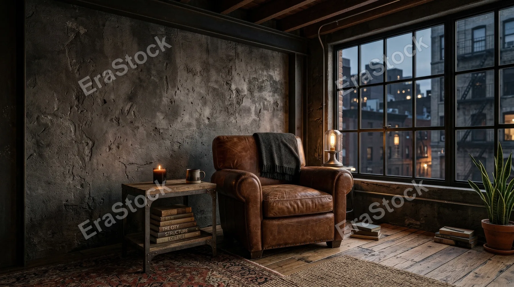 A stylish loft interior with a leather armchair against a dark cement wall, raw textures and moody industrial elegance, ultra-realistic, no logos.