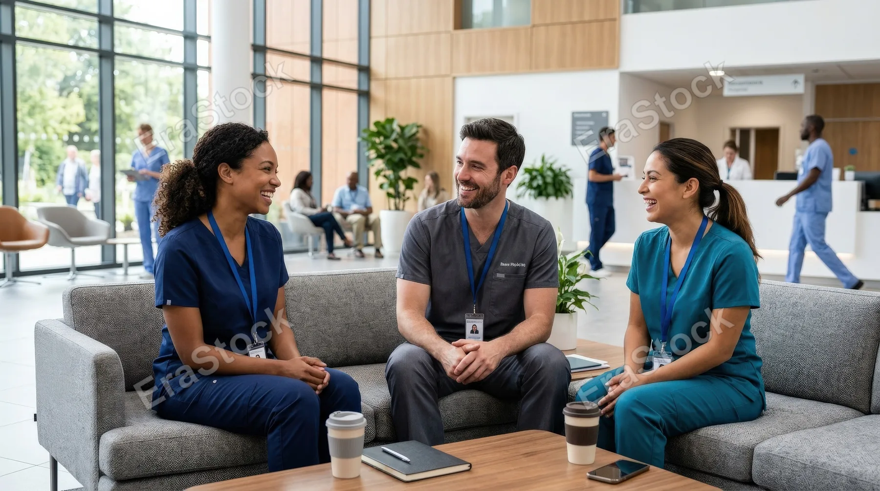 Smiling female medical professionals talking to a male coworker while seated on a sofa in a hospital lobby, modern healthcare interior, relaxed collegial mood, ultra-realistic, no logos.