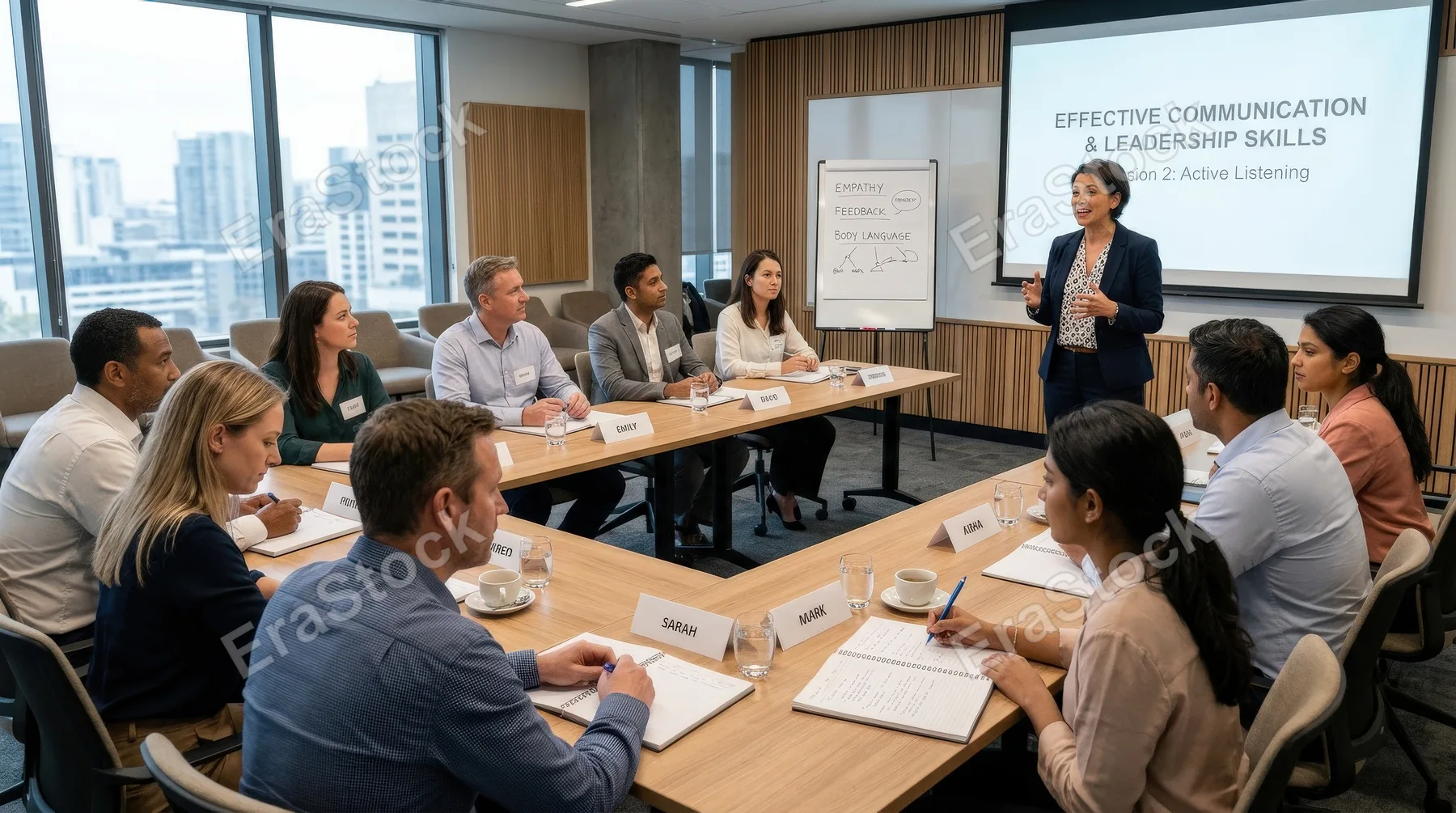A group training session developing soft skills for business professionals, attentive participants seated in a modern room, notebooks open, facilitator speaking, balanced indoor light, supportive