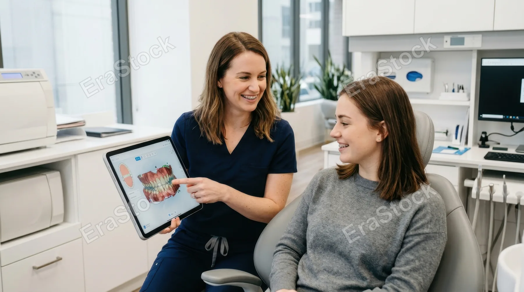 in a clean, modern orthodontic office, a 28-year-old white female orthodontist engages with a patient, showcasing 3d scan results on a digital tablet. the sleek white