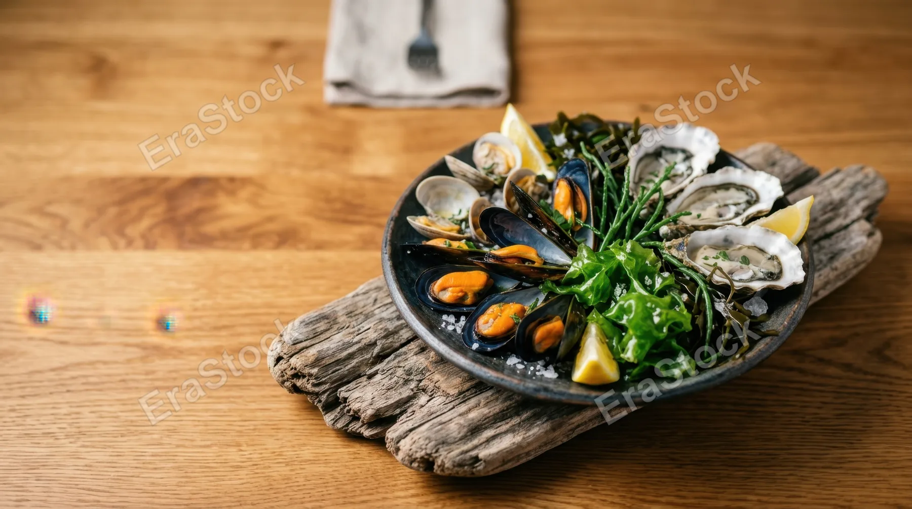 graphic composition displaying the plate of seafood and sea lettuce on driftwood, emphasizing strong separation between the subject and the warm wooden table. generous