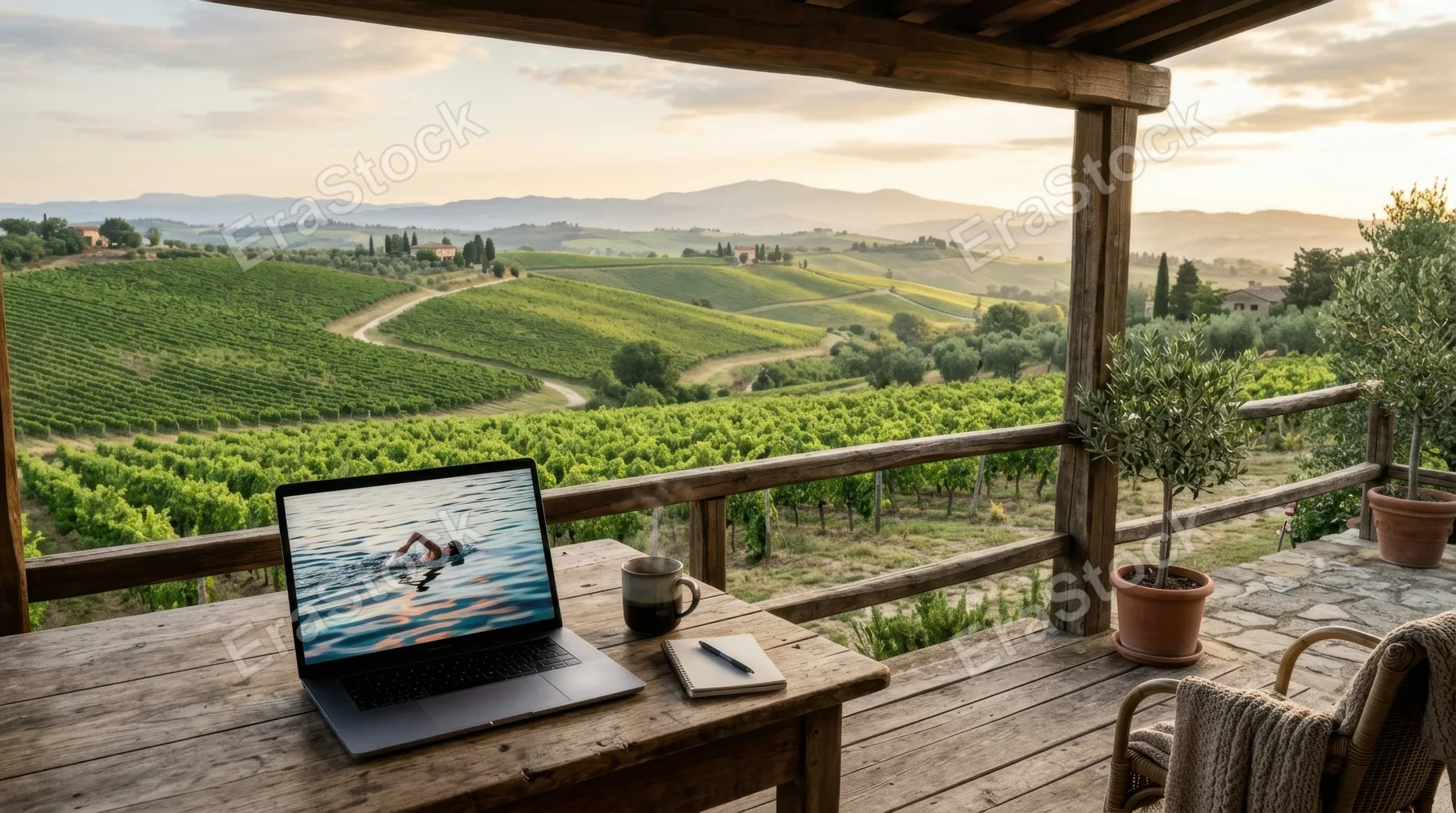 a serene landscape featuring a rustic wooden terrace with a laptop open, displaying a vibrant image of a swimmer's reflection, overlooking rolling vineyard hills. the