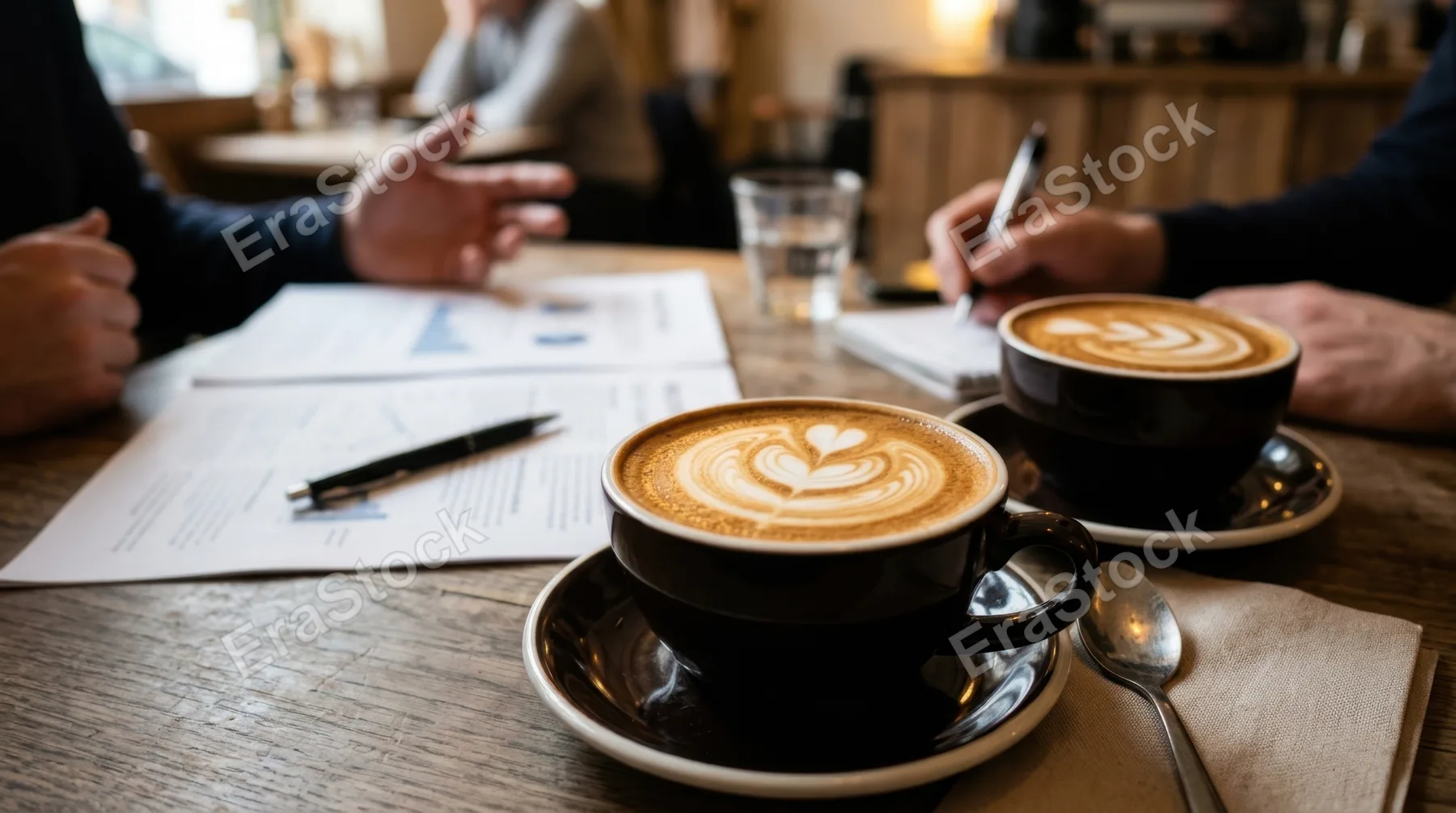a close-up shot of rich cappuccinos on a cafe table, with printed business plan mockups slightly out of focus in the background. the creamy foam art swirls invite the
