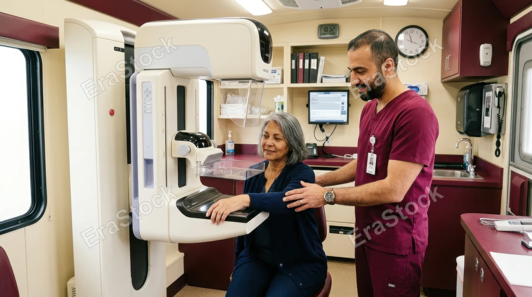 a 39-year-old middle eastern male mammography technologist is attentively assisting a patient inside a mobile medical van, surrounded by professional medical tools like a