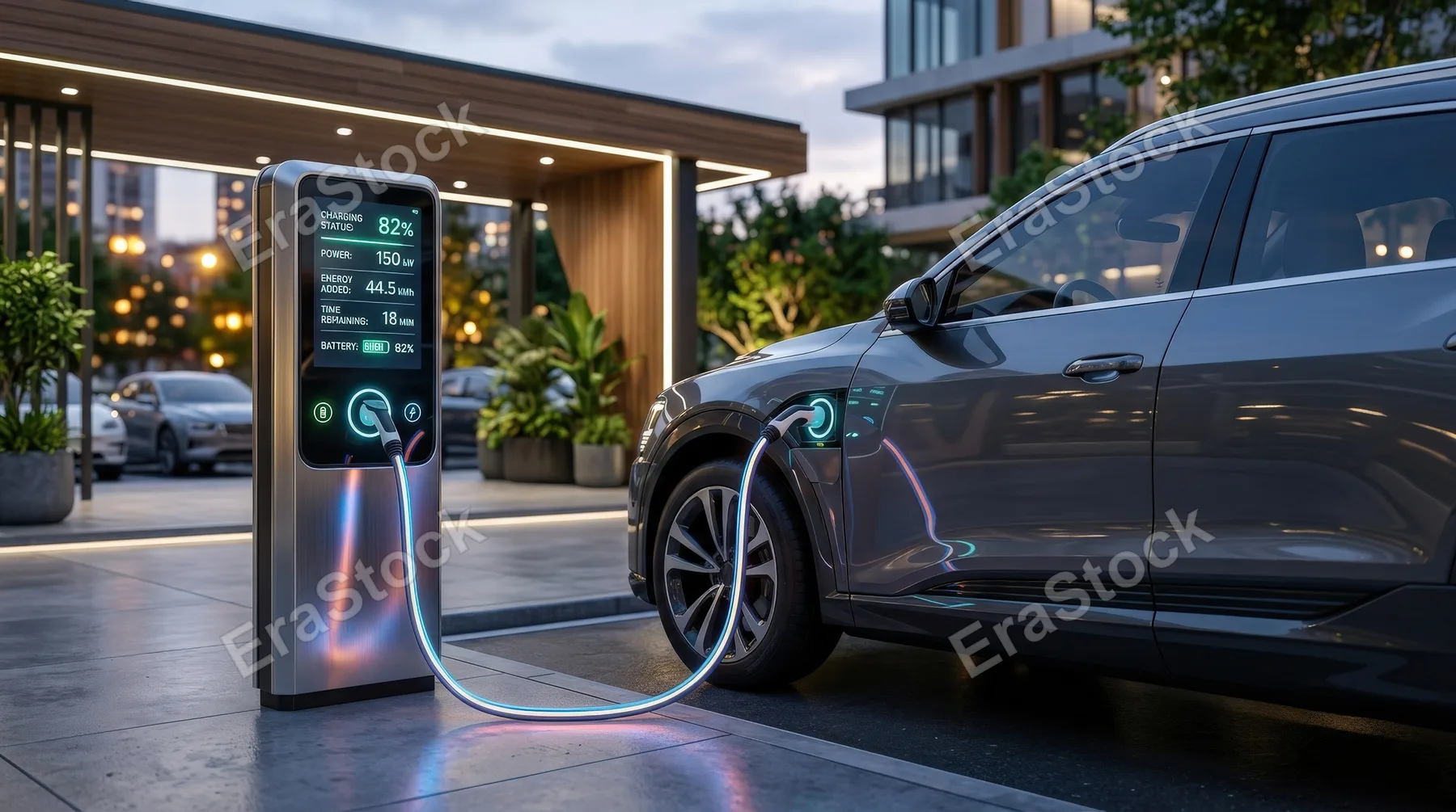 An electric vehicle charging scene with a glowing cable and digital display screen, polished charging station, sleek automotive surfaces, modern sustainable mood, ultra-realistic, no logos.