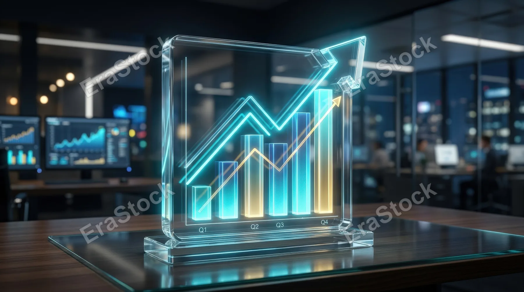 A transparent glass growth chart icon with rising trend lines and glowing bars, sleek business analytics atmosphere, ultra-realistic, no logos.