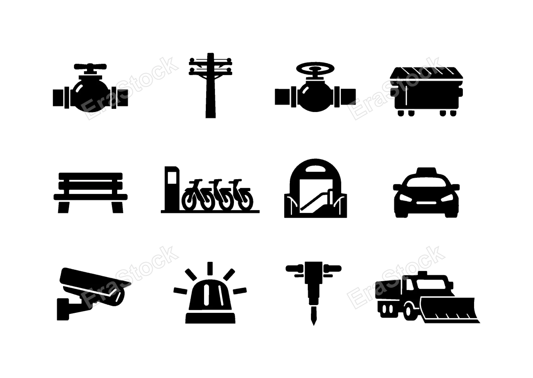 Urban infrastructure services: water supply pipe valve, electric utility pole, gas pipeline valve, waste dumpster container, public bench seat, bike share station, metro subway