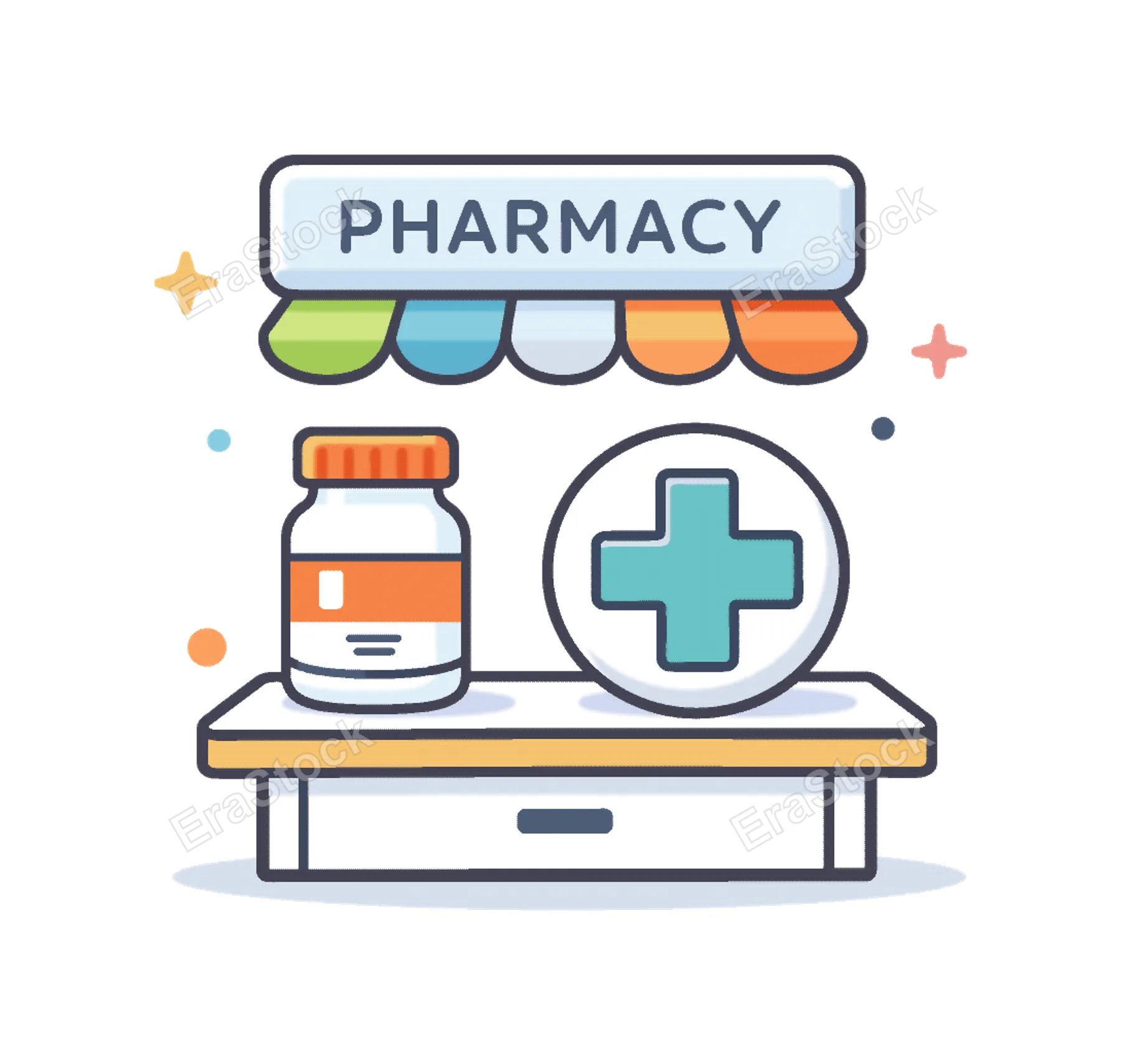 Pharmacy service and medication dispensing in a healthcare environment focused on providing safe and accurate access to prescribed treatments, a pharmacy counter with a