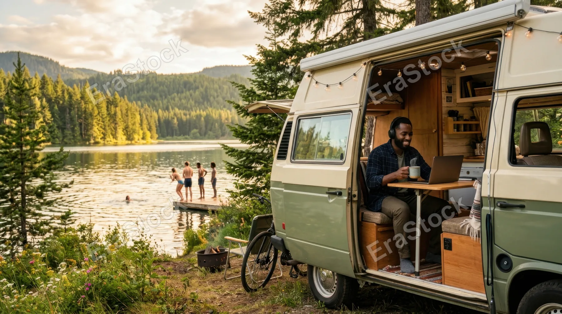 a cozy campervan nestled by a serene lakeside, a 29-year-old black male remote worker sits inside, enjoying a steaming cup of coffee while engaged in a video call