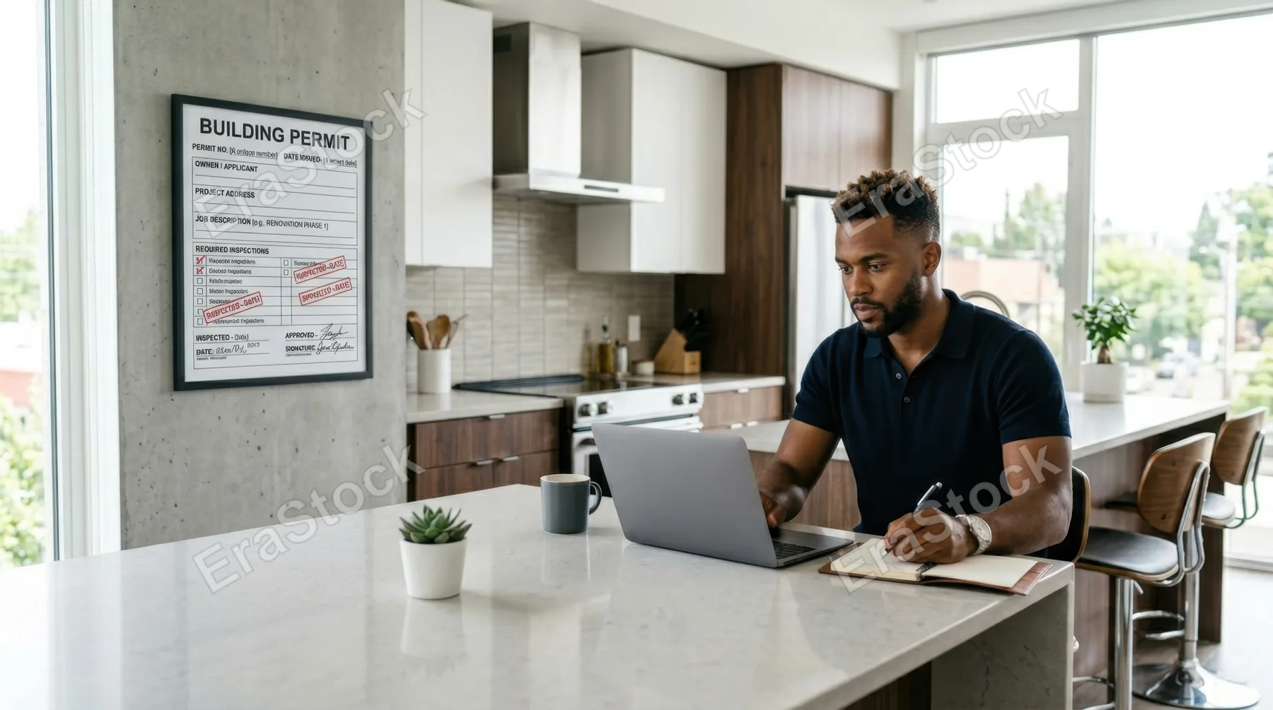 a graphic commercial shot of a 29-year-old black male tech entrepreneur seated at his modern kitchen island, working intently. the lighting is crisp and even, emphasizing