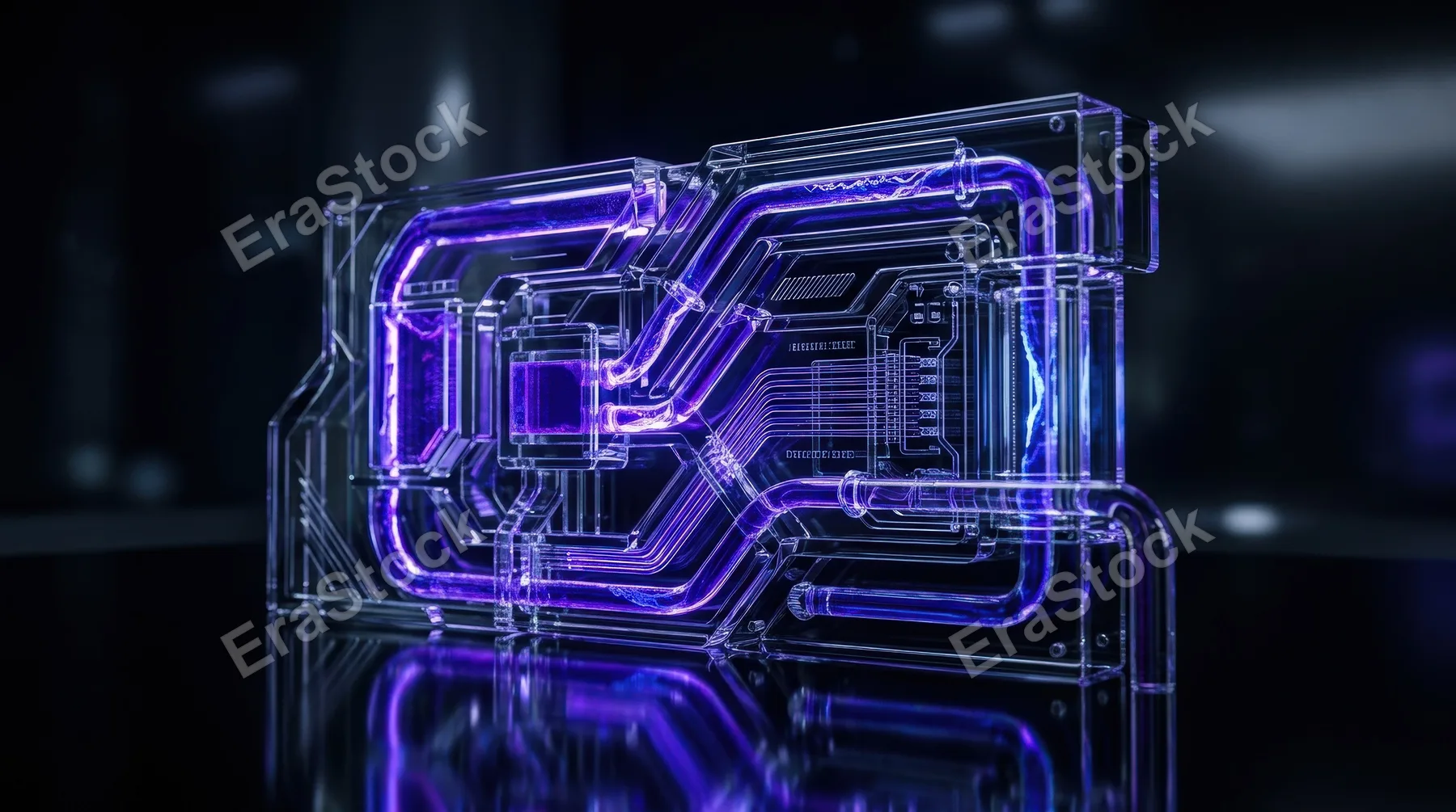 Cyber elements made of transparent glass and liquid acrylic with purple-blue glow on black, cinematic reflections and sleek tech-cover atmosphere, ultra-realistic, no logos.
