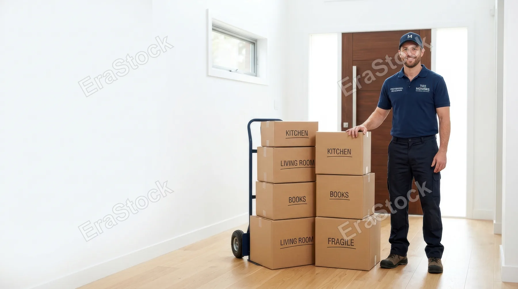a graphic composition featuring the mover standing confidently beside the boxes against the bright white entrance, optimized for advertising with a clean background and