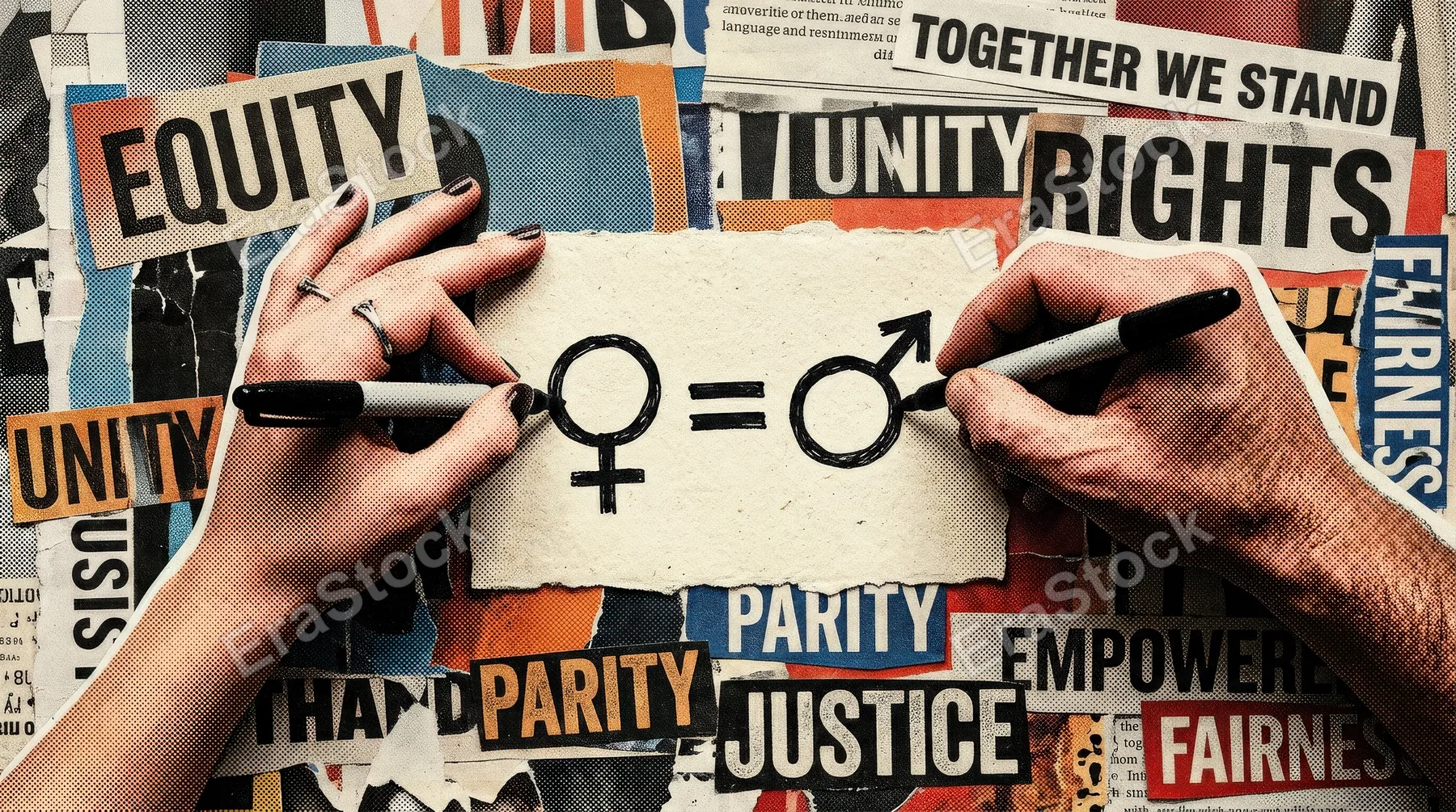 Female and male hands drawing an equal sign beside a gender symbol, halftone cutout collage style, theme of rights equity unity and parity in an empowering modern mood, ultra-realistic, no logos.