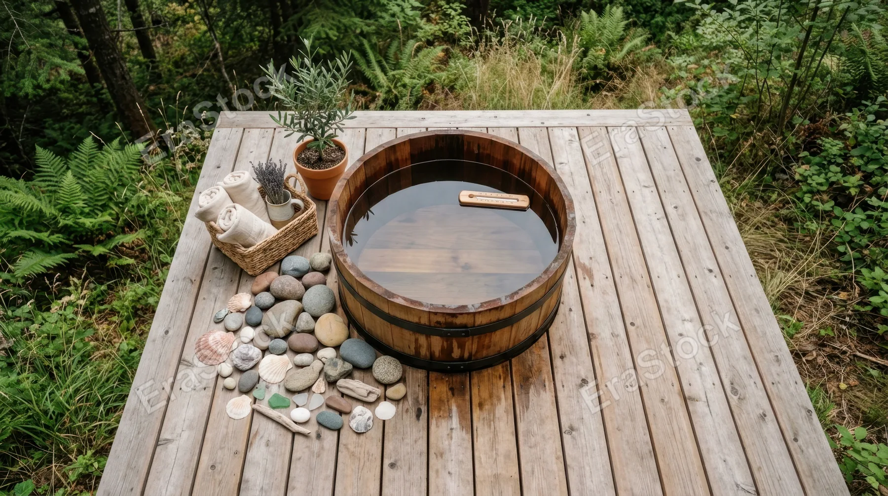 an overhead view of the cedar plunge barrel on the wooden deck, displaying the natural decor surrounding it. the smooth stones and seashells are artfully arranged