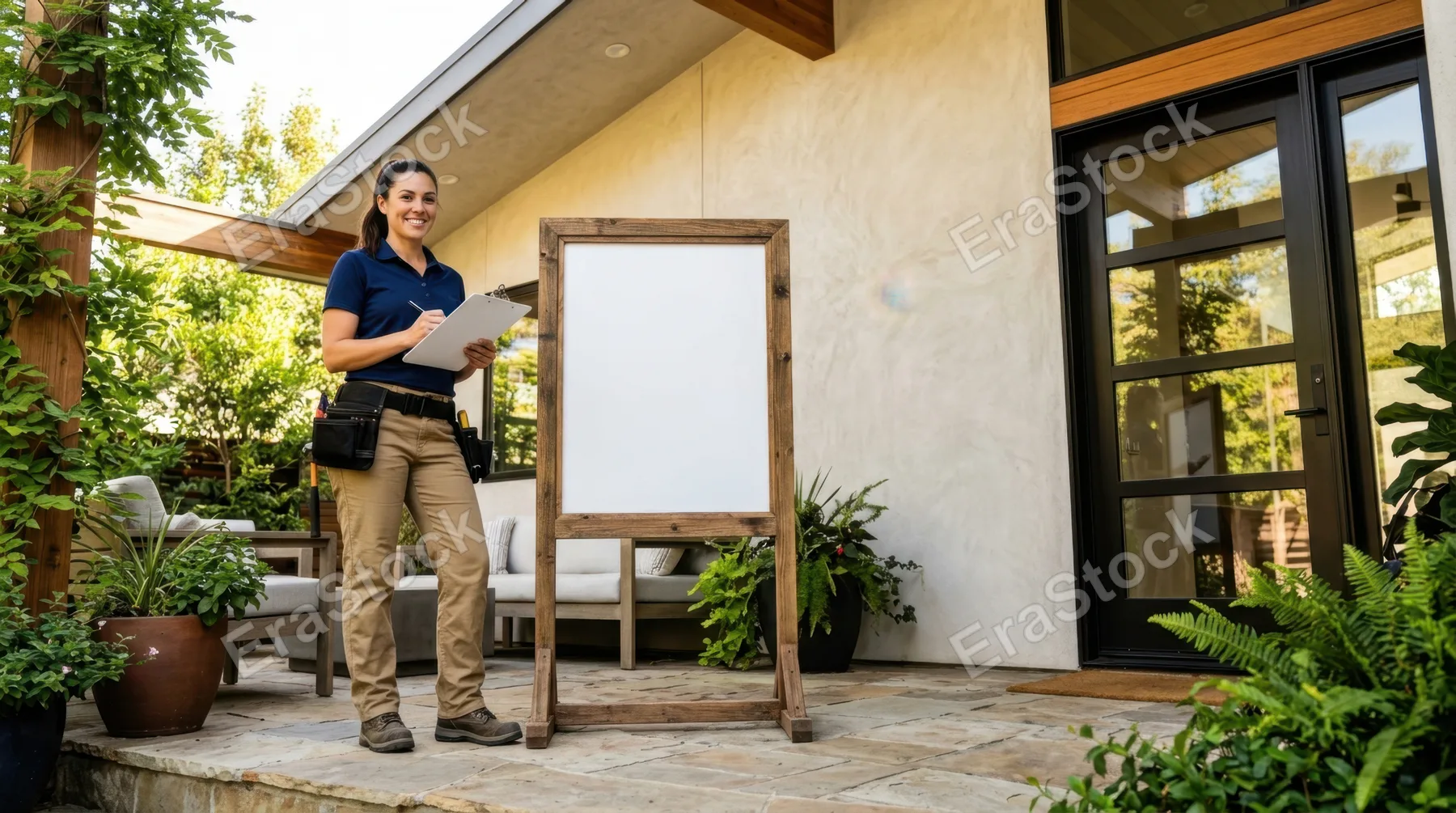 from a low angle, the camera captures the contractor standing beside the blank construction sign, creating a dynamic perspective of the stylish patio. bright natural