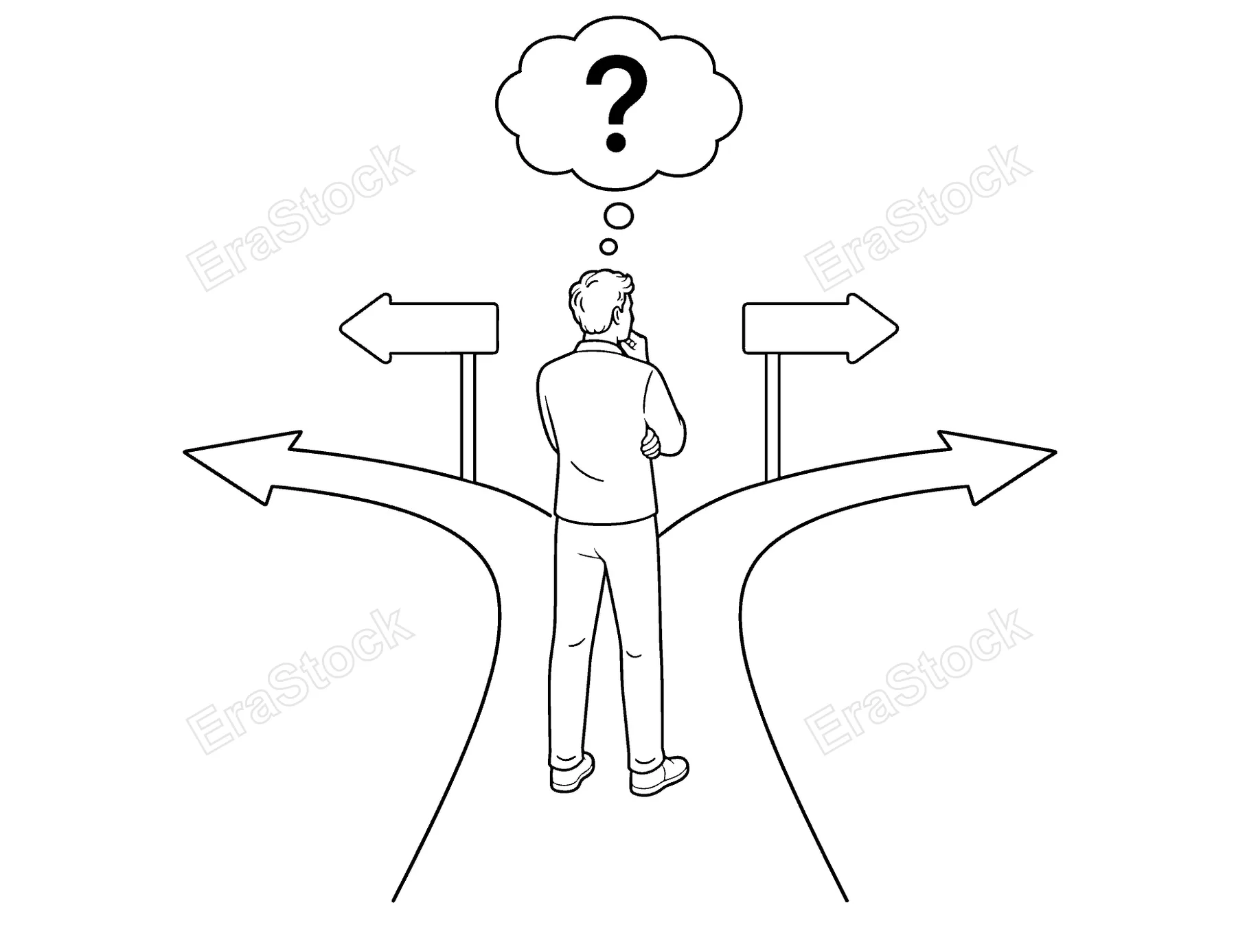 A person stands at a diverging path, looking up at a question mark, symbolizing indecision and the need for a choice